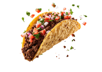 A taco filled with seasoned ground beef, topped with pico de gallo, is highlighted against a black background.  Topped with a scattering of pico de gallo ingredients