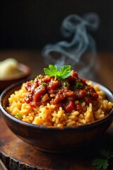 Delicious barbecue rice served in a rustic bowl, smoky aroma, tender meat, flavorful sauce, close-up shot , sauce, bowl, bbq