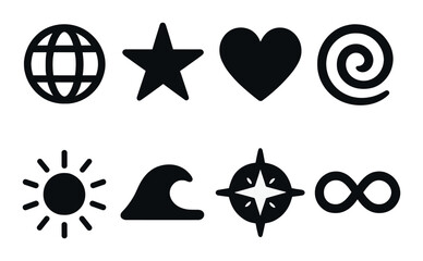 Nature and navigation silhouette icons set. featuring globe, star, heart, spiral, sun, wave, compass, infinity symbols.