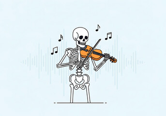 Skeleton musician plays violin with musical notes floating in the air
