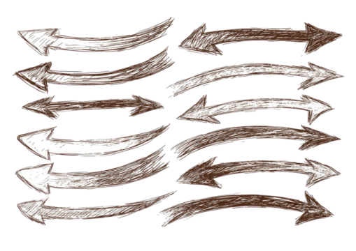 A collection of stylized, hand-drawn arrows. Brown, gray tones with textured lines. Multiple layers, overlapping. Graphic design elements