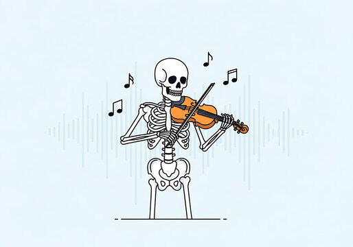 Skeleton musician plays violin with musical notes floating in the air