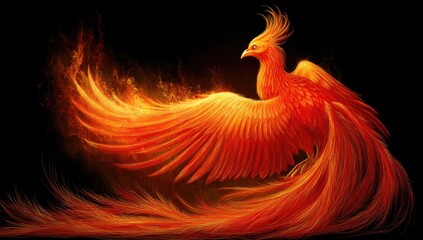 Fototapeta premium A vibrant, fiery phoenix soars against a dark backdrop, its magnificent plumage ablaze with intense orange hues.