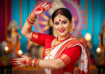 Indian woman in traditional red and white saree adorned a graceful pose, embodying a classical dance form. In the Durga puja festival.