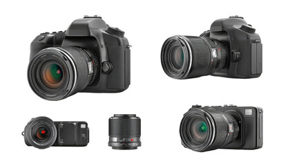 Four different DSLR and compact cameras, isolated on black.  Various lens types and body styles are shown.  Modern design with dark tones