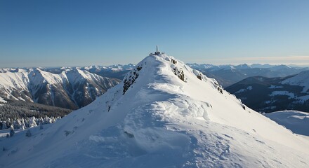 Snowy Mountain Peak Under Clear Blue Sky.