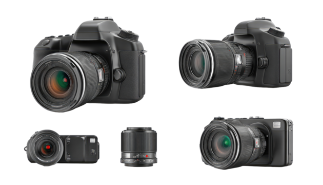 Four different DSLR and compact cameras, isolated on black.  Various lens types and body styles are shown.  Modern design with dark tones