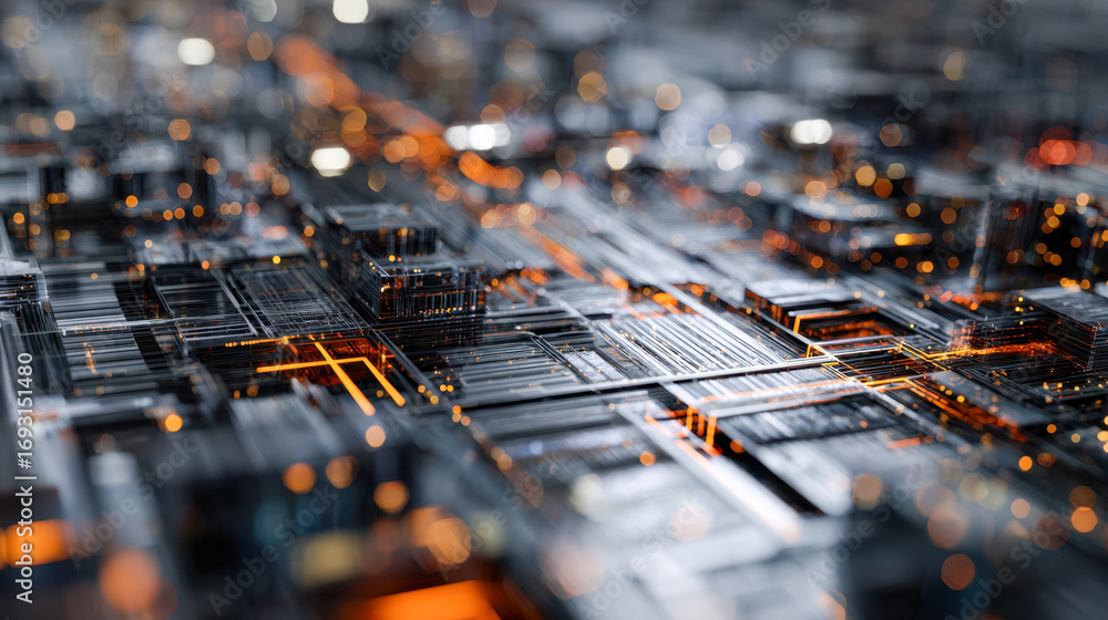 Poster futuristic abstract cityscape with glowing geometric structures and bokeh lights