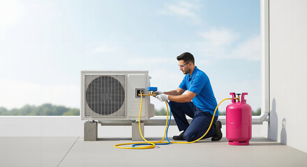 professional HVAC technician in a blue polo shirt and safety glasses performs a service check on an outdoor AC unit on a bright rooftop.