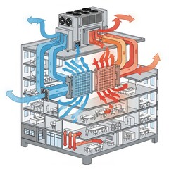 Detailed technical diagram of a commercial HVAC system, showing airflow and components within a multi-story office building.