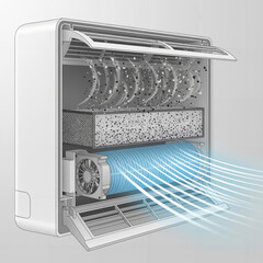 technical cross-section diagram of an air purifier, illustrating how it cleans the air by capturing dust and particles with its filter.
