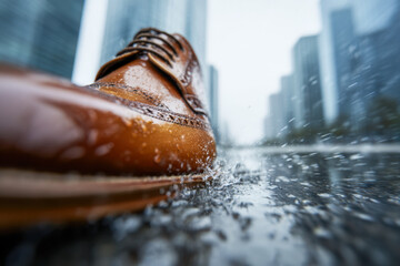 Close-up view of a brown leather dress shoe splashing water on a rainy urban street with blurred high-rise buildings in the background and dramatic wet pavement reflectio
