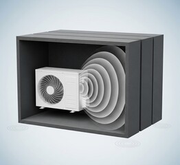 technical illustration of a soundproof enclosure for an air conditioner, demonstrating how it reduces and contains noise emissions.