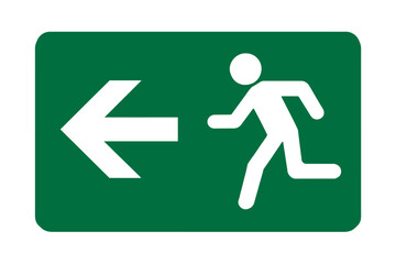 An emergency exit sign showing a person fleeing towards the exit. Modern flat vector sticker label with icon and badge style, transparent background