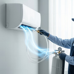 A technician in a uniform services an indoor AC unit. An abstract, glowing blue energy stream shows the flow of refrigerant from the cylinder.