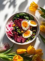 A colorful bowl filled with fresh greens grains and eggs surrounded by cheerful yellow tulips for a delightful meal experience