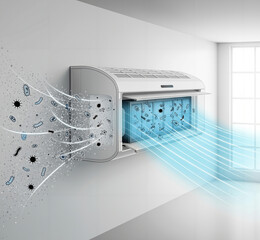 A technical illustration of an air conditioner showing its internal filtration system, which traps and purifies the air of bacteria, viruses, and other germs.