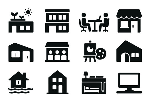 Home and building silhouette icon set. featuring office, store, house, meeting, art, and computer symbols.