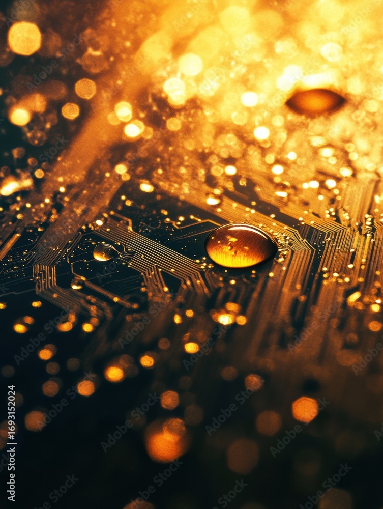 Poster close-up of a circuit board with raindrops reflecting golden light in an abstract pattern, showcasin