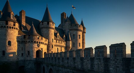 Fototapeta premium Majestic Castle at Sunset - A Timeless Architectural Marvel.