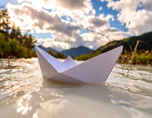 Paper boat on a flowing stream with mountains in the background