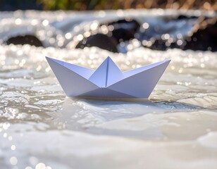 Paper boat on a shallow stream