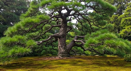 Obraz premium Majestic Pine Tree in Japanese Garden - A Symbol of Longevity.