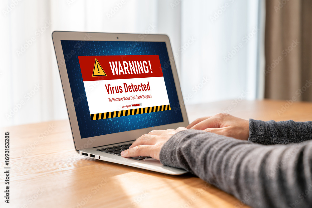 Aufkleber virus warning alert on computer screen detected modish cyber threat , hacker, computer virus and mal