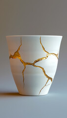 White ceramic cup with gold cracks design on a neutral background