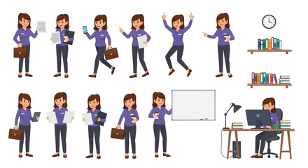 Cartoon office worker character constructor vector illustration. A businesswoman wearing a purple shirt and trousers holds a briefcase, documents, a smartphone, and a coffee cup.