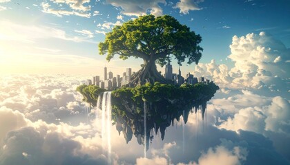 A colossal tree growing upside down from the sky, its roots piercing clouds like waterfalls of light, miniature cities hanging from its branches, captured with wide-angle lens, 16K hyperrealism