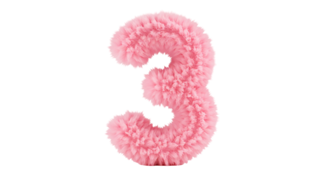 Fluffy Pink Number Three 3 Graphics Cute Soft Furry Three Digit Decoration Design Element Kids on transparent background