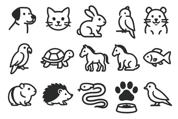 Fototapeta premium Set of simple outline animal icons featuring cat, dog, fish, turtle, and more