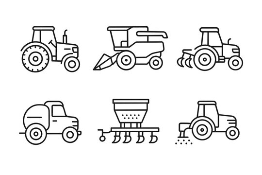 Outline icons of various farm machinery and equipment