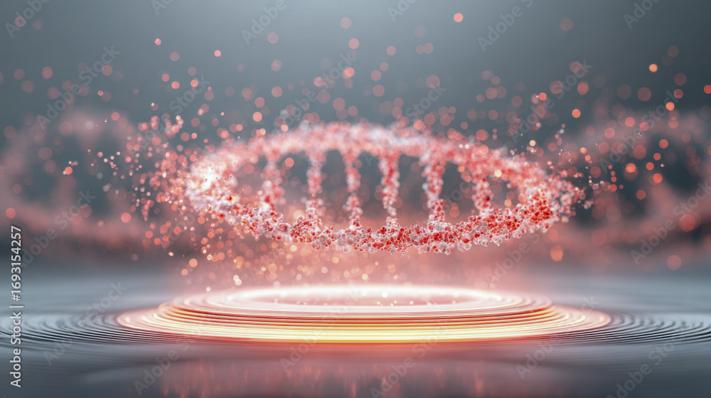 Aufkleber vibrant digital rendering of a glowing dna double helix structure floating above a reflective surfac