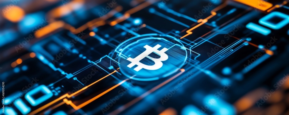 Poster digital currency glowing symbol with connected circuits, blockchain ,cryptocurrency
