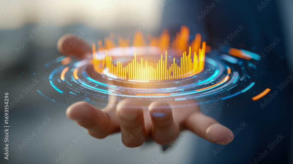 Poster futuristic digital interface with glowing orange graphs and data visualization elements hovering abo