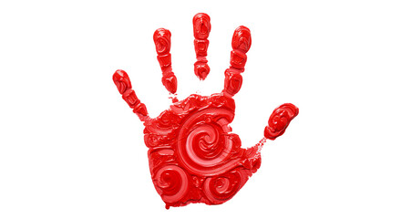 Red Paint Handprint on Black Backdrop Artistic Expression Creative Texture Abstract Design on transparent background