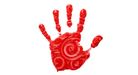 Red Paint Handprint on Black Backdrop Artistic Expression Creative Texture Abstract Design on transparent background