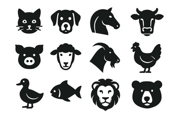 Obraz premium Animal icons set: cat, dog, horse, cow, pig, sheep, goat, chicken, duck, fish, lion, bear