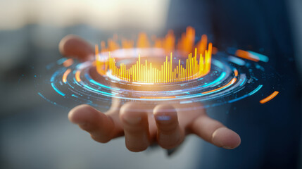 Futuristic digital interface with glowing orange graphs and data visualization elements hovering above an outstretched hand against a blurred background in soft light