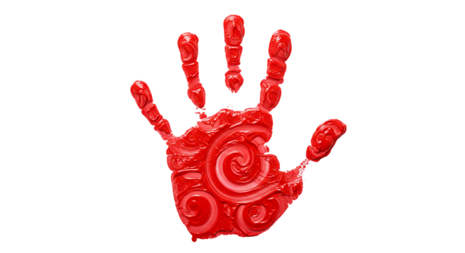 Red Paint Handprint on Black Backdrop Artistic Expression Creative Texture Abstract Design on transparent background