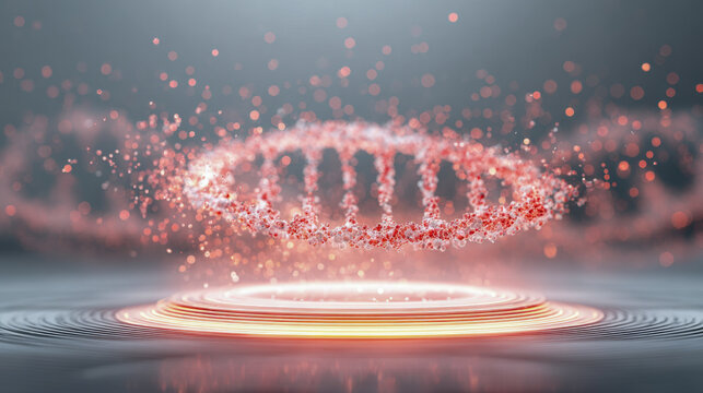 Vibrant digital rendering of a glowing dna double helix structure floating above a reflective surface with sparkling particles, illustrating genetic science and molecular biology c - Powered by Adobe