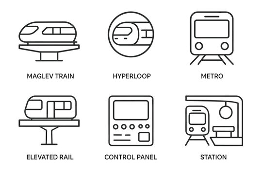 Rail transport technology icons: maglev, hyperloop, metro, elevated rail, control panel, station