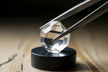 A clear, faceted crystal or gemstone, possibly a diamond, being held by a pair of tweezers