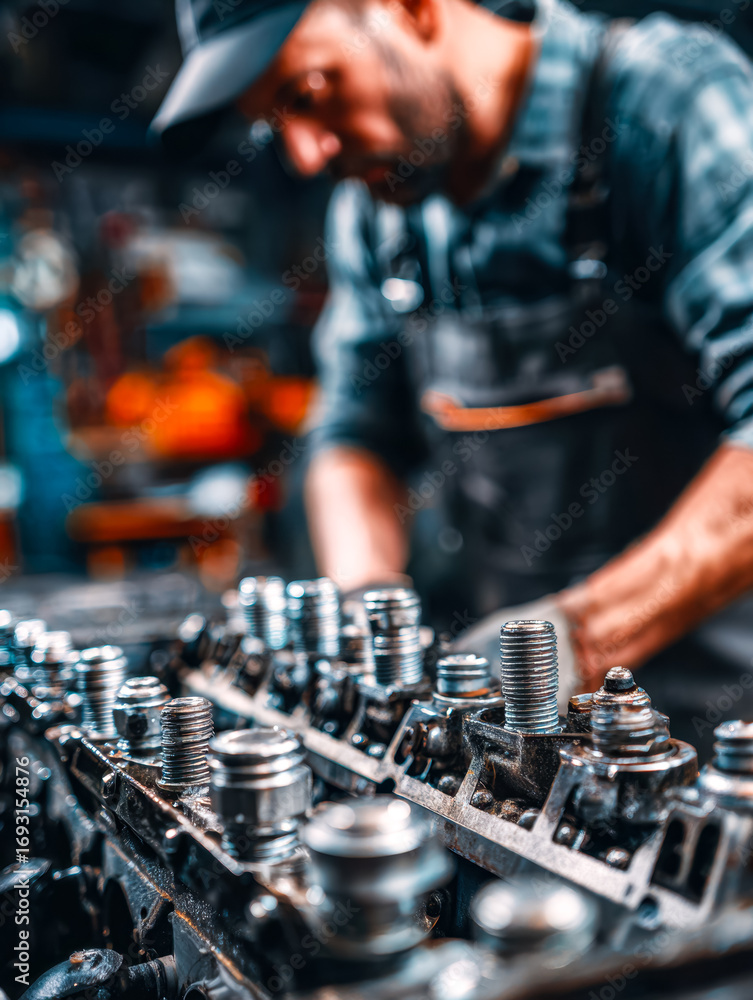 Poster skilled mechanic working on an engine with focus and precision