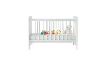 Baby Crib with Toys A White Wooden Bed Teddy Bear Stacking Rings and Blocks Ready for a on transparent background