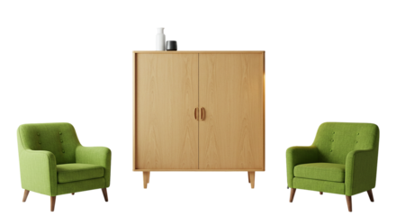 Stylish Interior Decor Light Wood Cabinet with Modern Vases and Comfortable Green Armchairs on transparent background