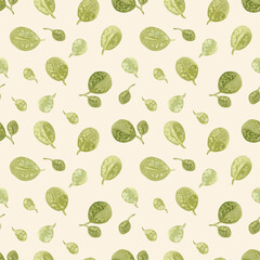 Watercolour green olive color leaves illustration seamless pattern. On beige background. Floral elements, leaves, leaf watercolor. Hand-painted. Wallpaper, wrapping paper textile design texture