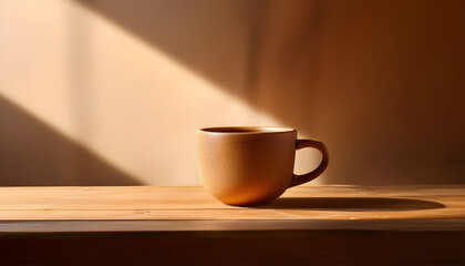 Earth Toned Ceramic Cup On Rustic Wood Table Bathed In Golden Hour Light Soft Shadows Minimalist Background And Warm Tones Evoke Calm Making It Perfect For Mockup Or Lifestyle Design